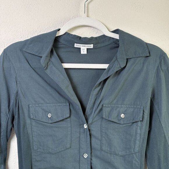 Standard James Perse Top Women M 2 Blue Green Ribbed Surplus Shirt 3/4 Sleeve - Picture 2 of 10